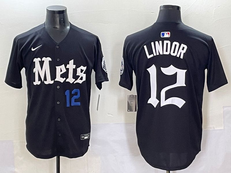 Men 2025 New York Mets #12 Lindor Black Five generations Joint Name Nike MLB Jersey style 4->new york mets->MLB Jersey
